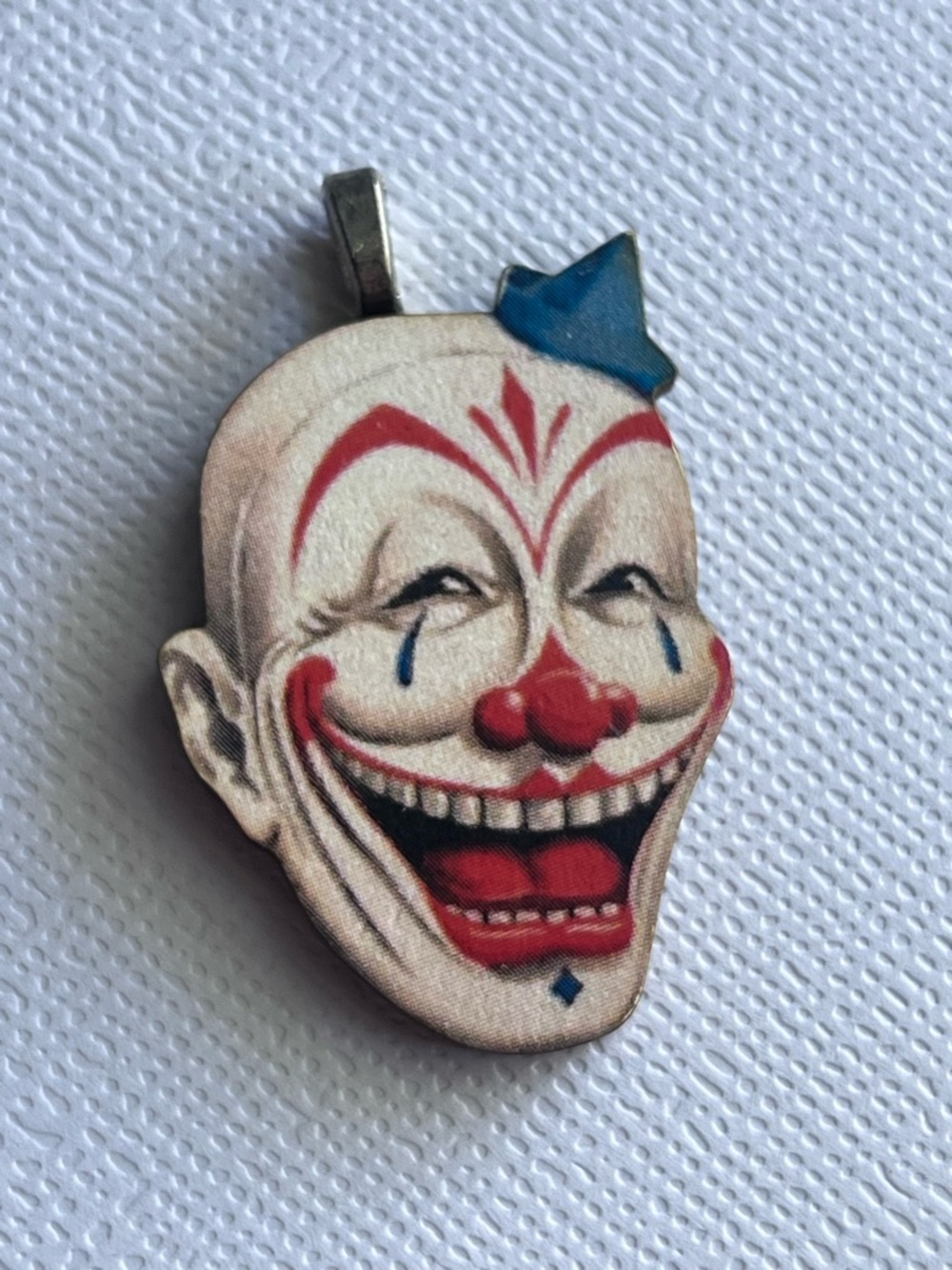 Vintage Clown Face Pendant Necklace Charm - Red, Blue, White